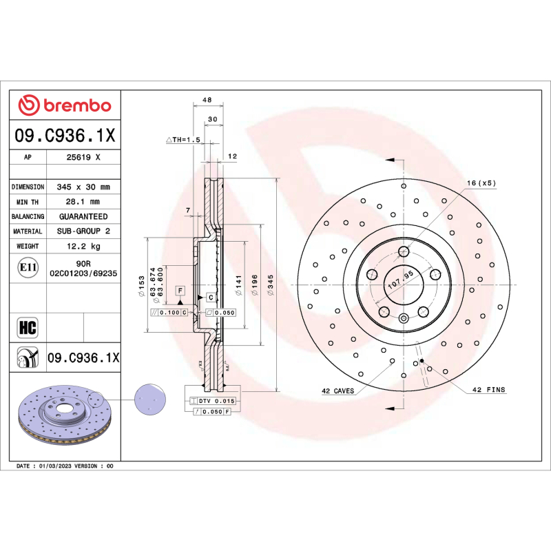 Volvo XC60 Brake Rotor (1) - Front - Brembo OE - Premium Xtra Cross Drilled UV Coated - `18-`24